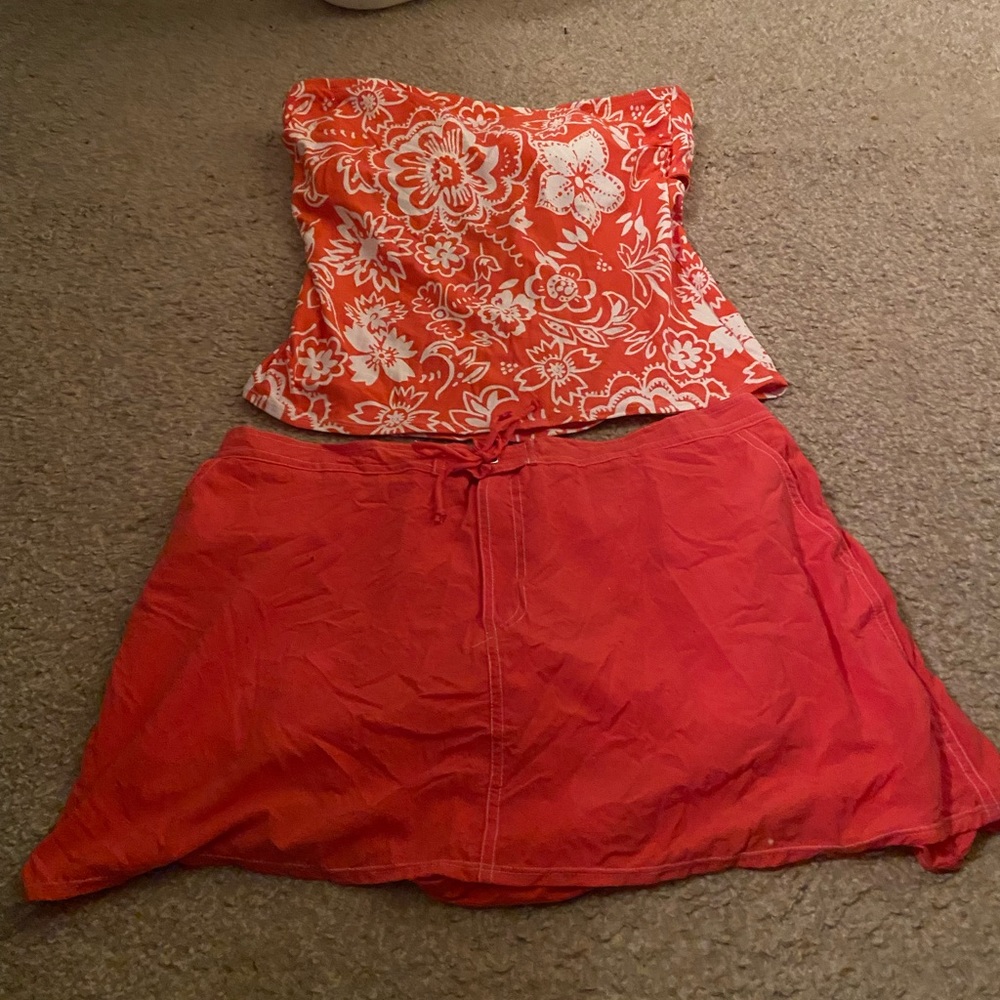 Beach house, new without tags coral pink and white skirt bathing suit. Size 16